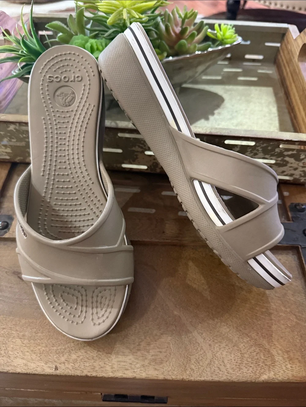 CROCS Women's Taupe Slide Sandals in Neutral Beige